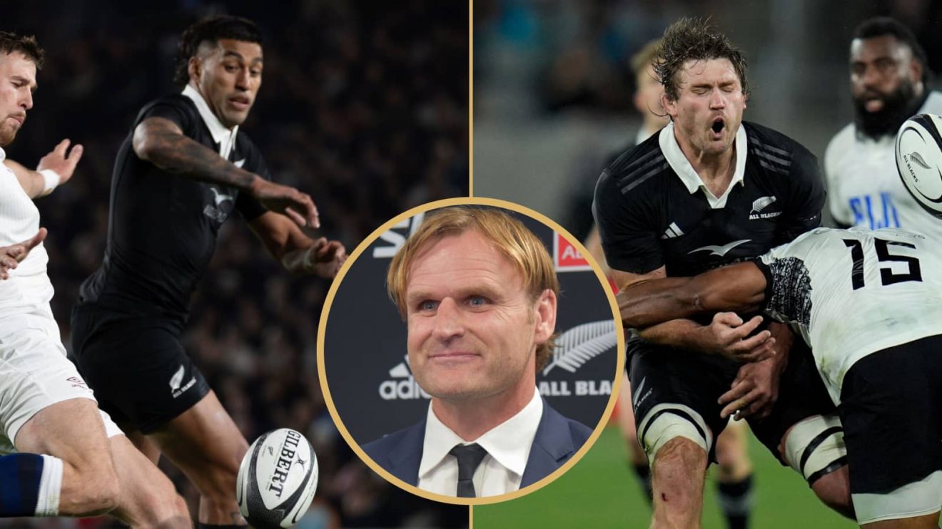 All Blacks centre Rieko Ioane and flanker Ethan Blackadder alongside head coach Scott Robertson.
