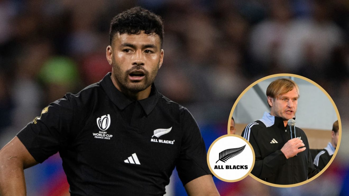 Former All Blacks fly-half Richie Mo'unga and head coach Scott Robertson.