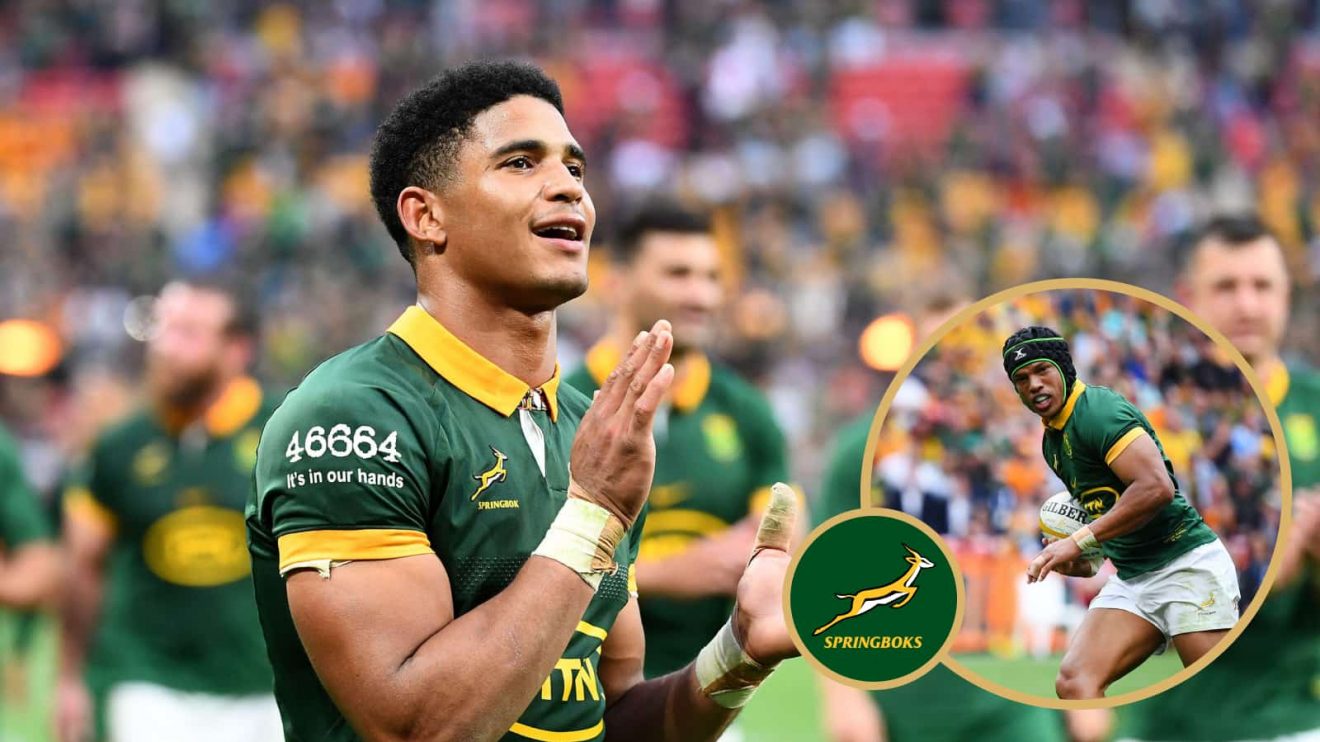 Springboks Sacha Feinberg-Mngomezulu and Kurt-Lee Arendse against Australia.