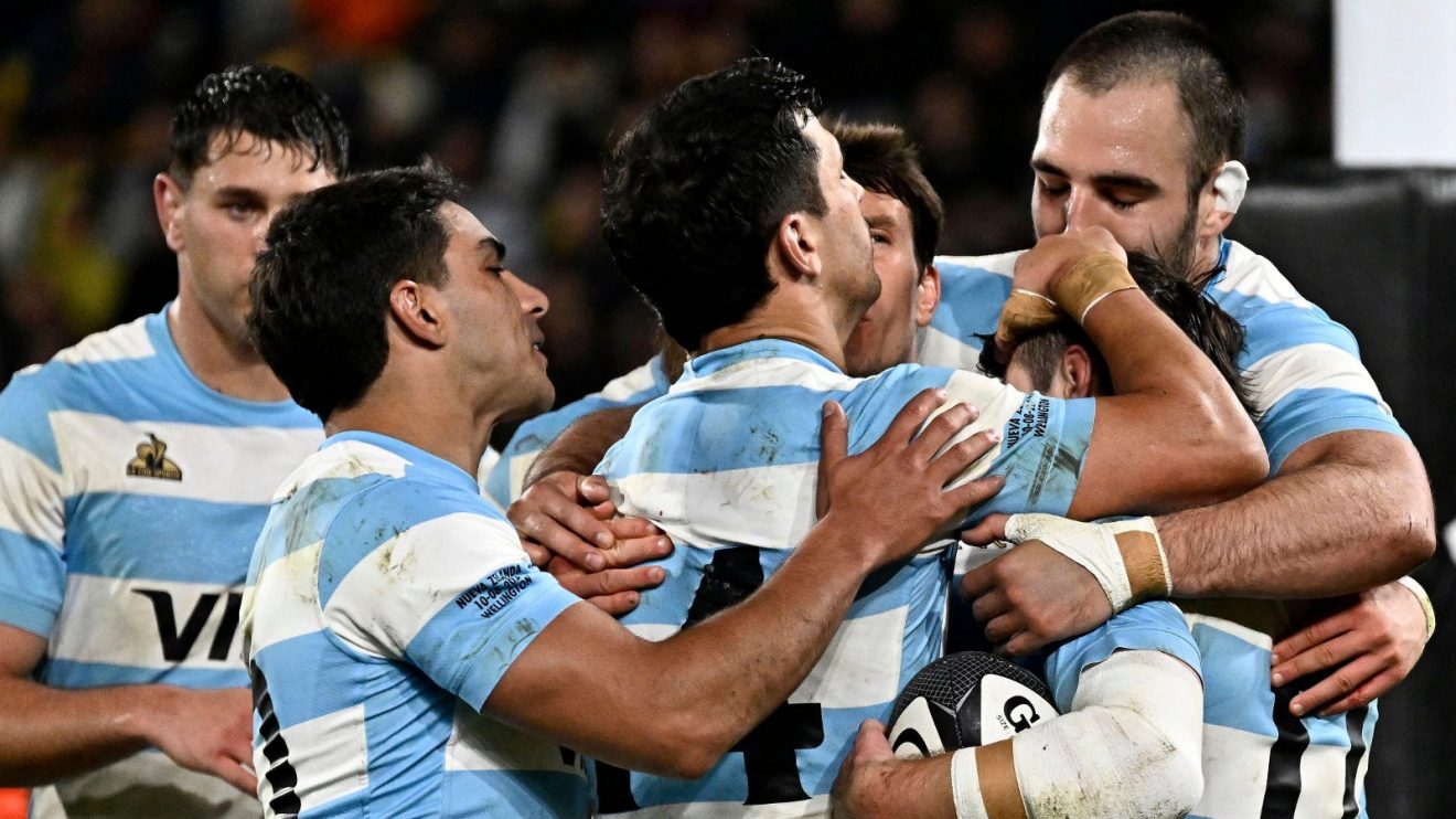 Argentina players celebrate try v New Zealand RC 2024 - Alamy