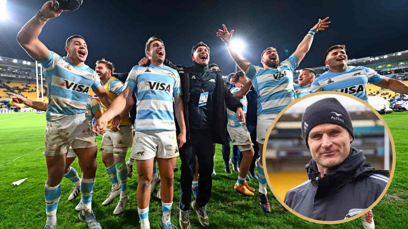 Argentina players celebrate after beating New Zealand and All Blacks coach Scott Robertson.