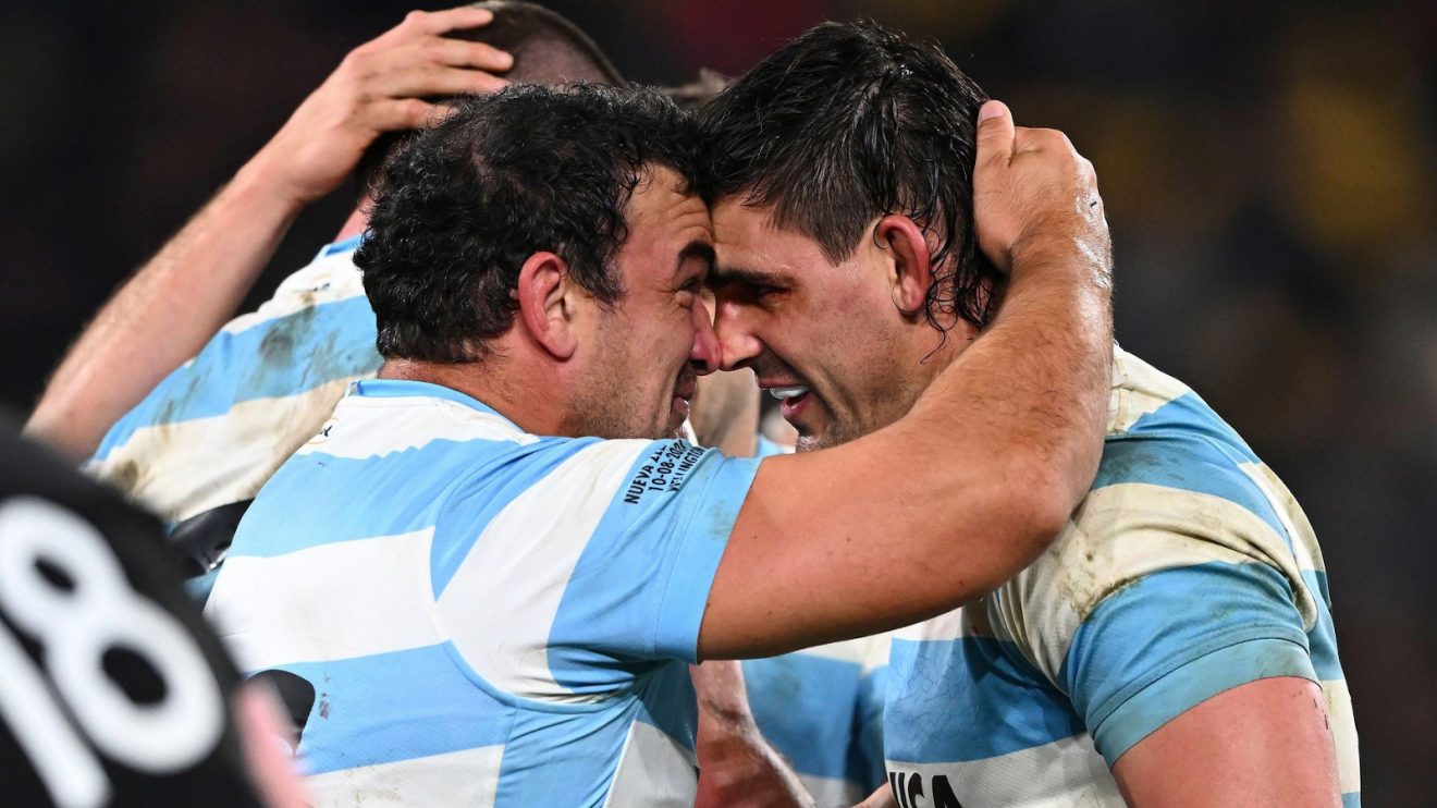 Argentina duo Agustin Creevy and Pablo Matera celebrate against New Zealand.
