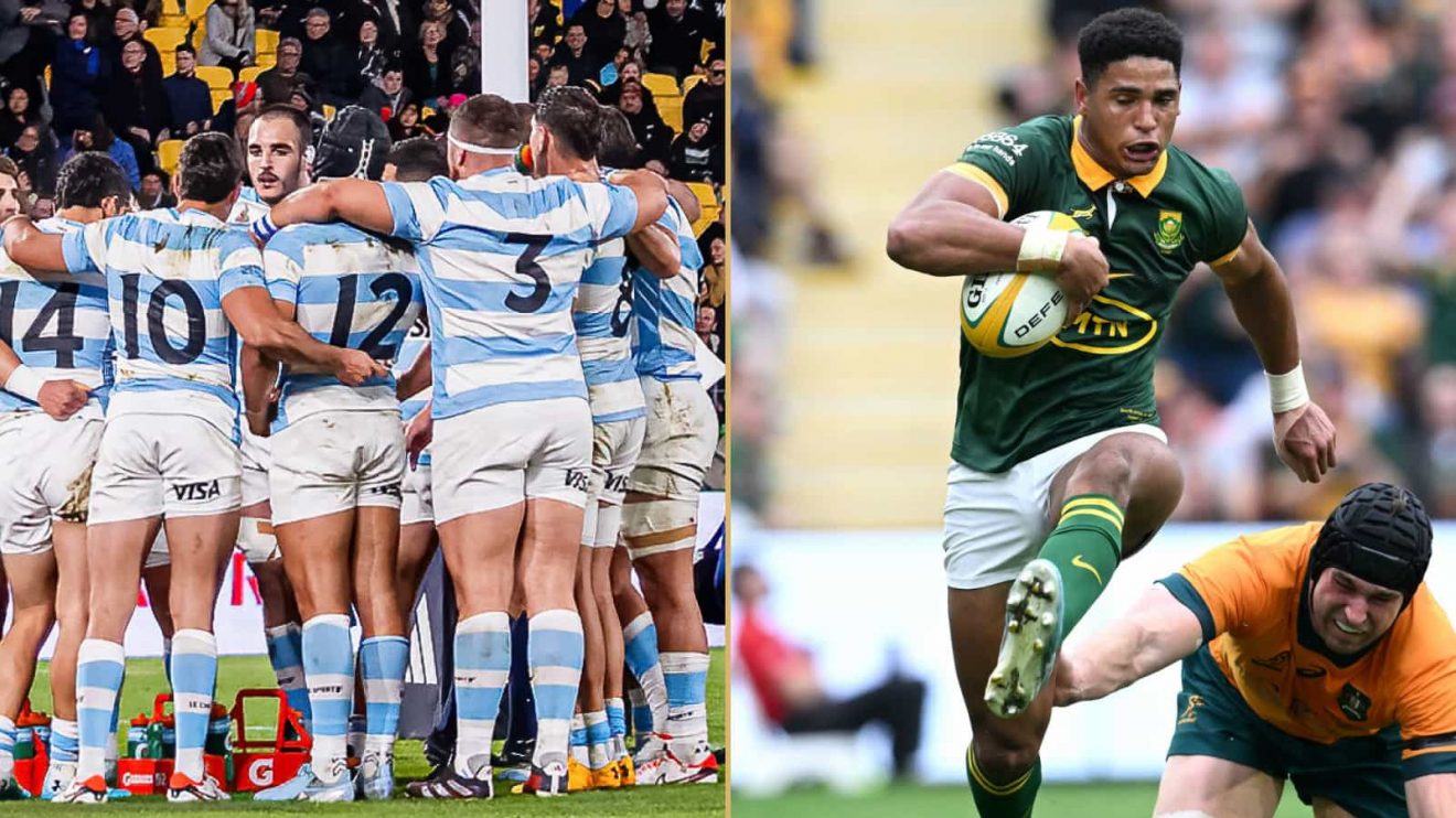 Argentina's heroes in a huddle during All Blacks clash and Springboks star Sacha Feinberg-Mngomezulu.