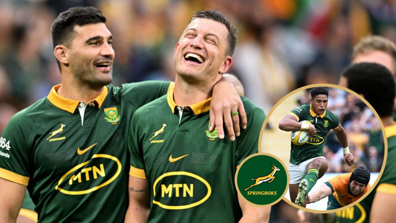 Centre Damian de Allende sharing a joke with Handre Pollard, while Sacha Feinberg-Mngomezulu in action against the Wallabies.