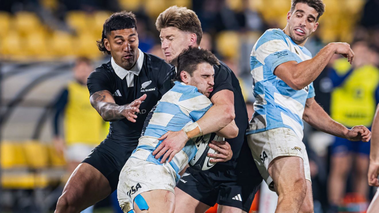 All Blacks centre Jordie Barrett making a tackle against Argentina.