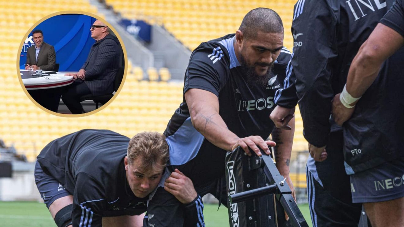 All Blacks on a scrum machine ahead of Argentina Test and legends Mils Muliaina and Sir John Kirwan.