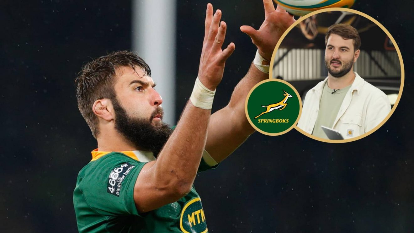 Springboks lock Lood de Jager catches the ball at the lineout and a screenshot of him on the Verdict.