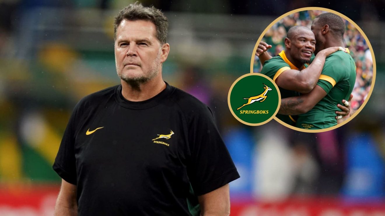 Springboks head coach Rassie Erasmus alongside Makazole Mapimpi and Aphelele Fassi.
