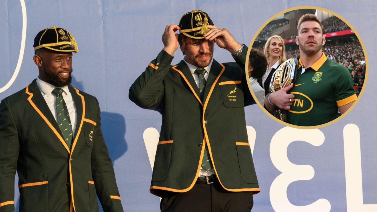 Split with Springboks Siya Kolisi, Eben Etzebeth and UFC star Dricus du Plessis.