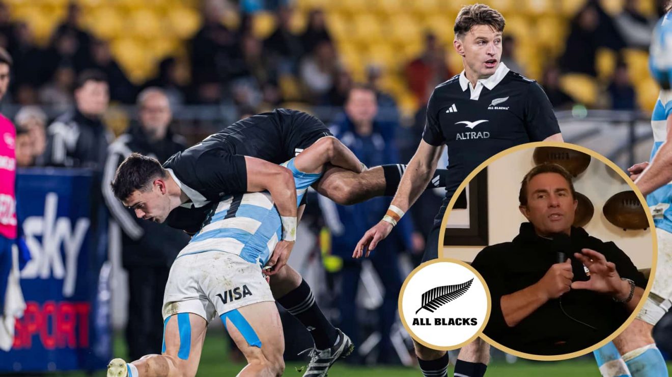 All Blacks backs Will Jordan and Beauden Barrett and a snippet of Justin Marshall.