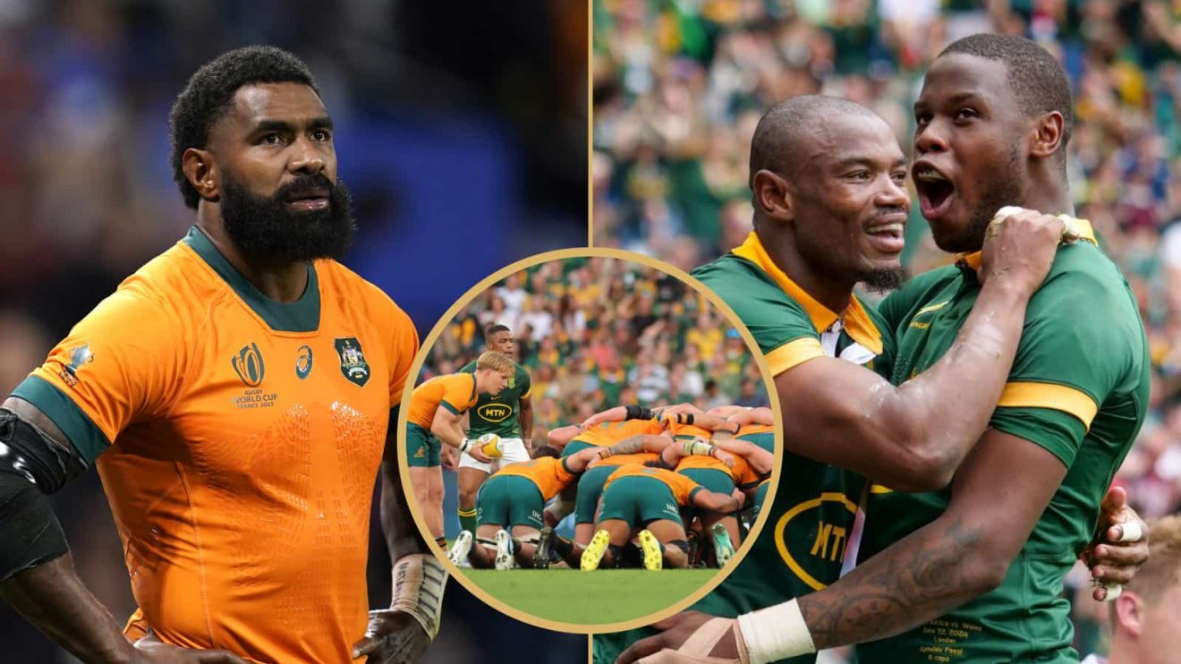 Australia's Marika Koroibete a scrum betwee the Wallabies and Springboks and South Africa's Makazole Mapimpi and Aphelele Fassi.