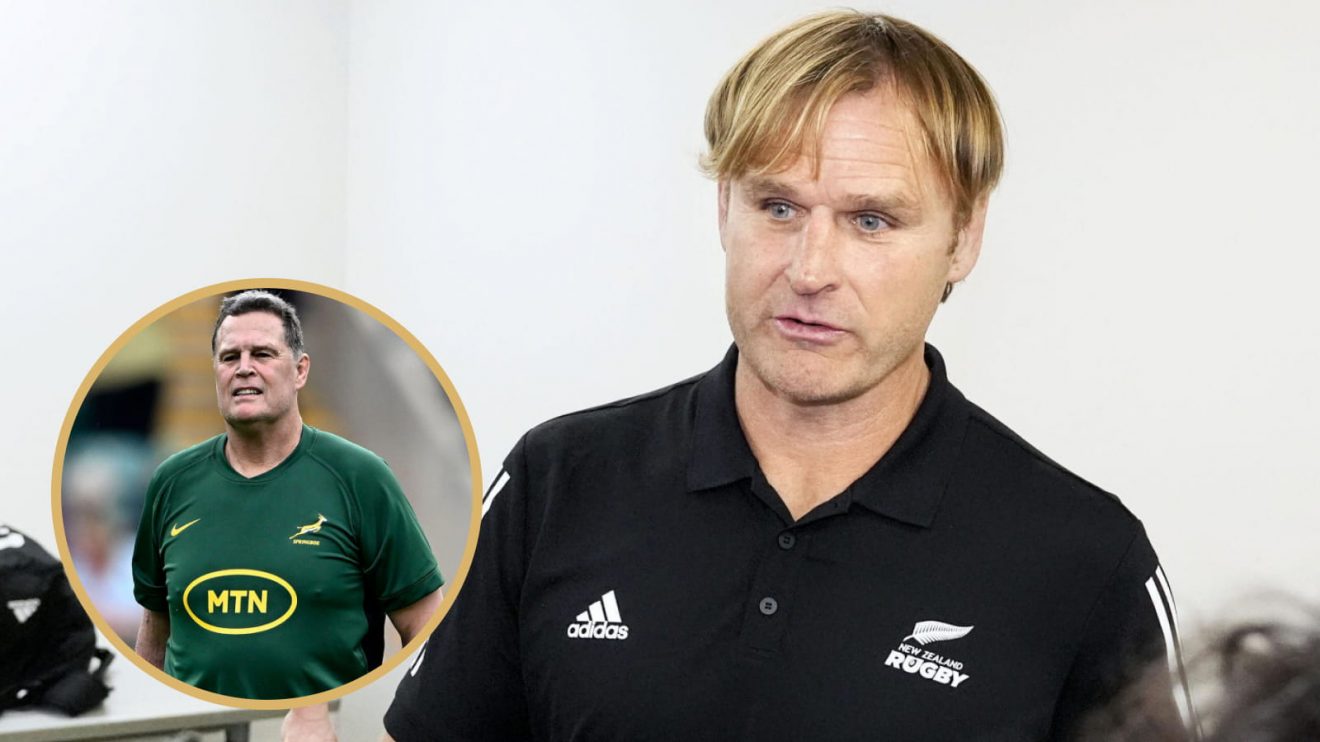 All Blacks head coach Scott Robertson and Springboks boss Rassie Erasmus (inset).