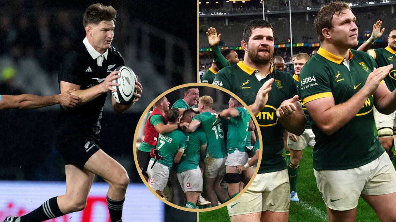 All Blacks and Springboks in action during Rugby Championship, while Ireland (middle) celebrate victory over South Africa.