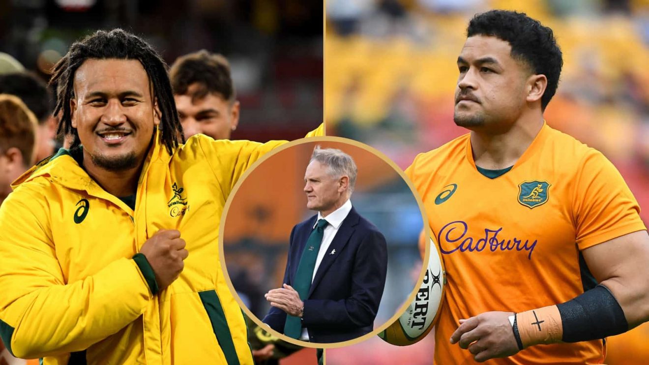 Wallabies hooker Brandon Paenga-Amosa, head coach Joe Schmidt and centre Hunter Paisami.