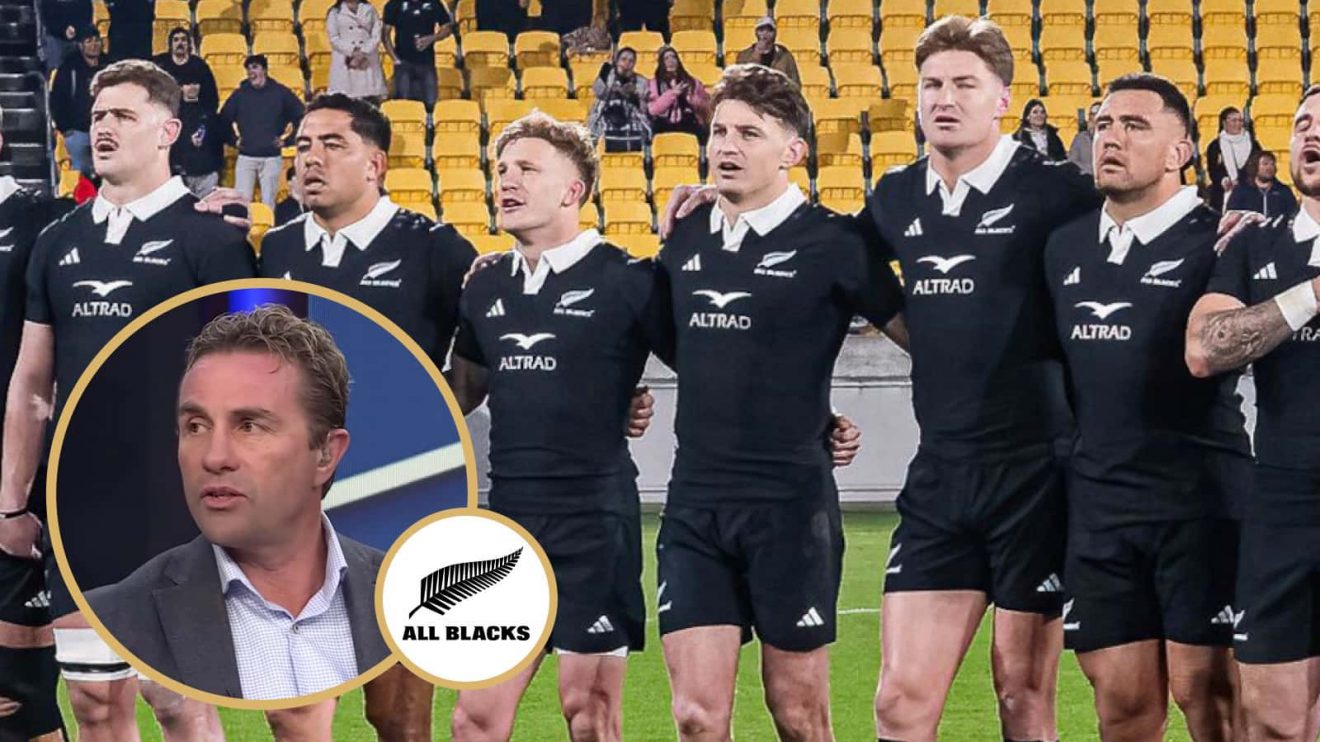 All Blacks line up for the anthem in Wellington and former scrum-half Justin Marshall. (inset)