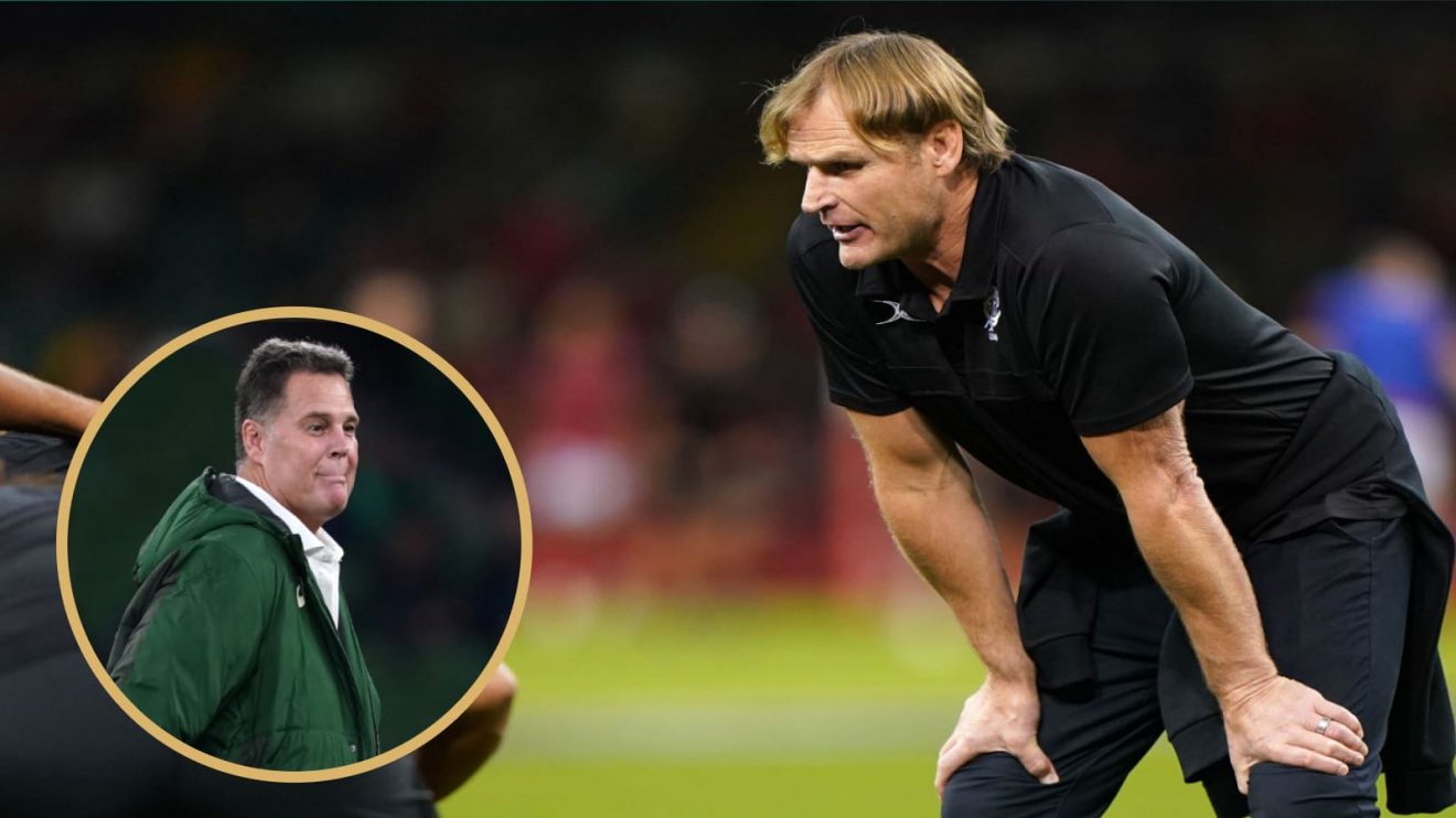 Scott Robertson and Rassie Erasmus (inset), the All Blacks and Springboks head coaches respectively.