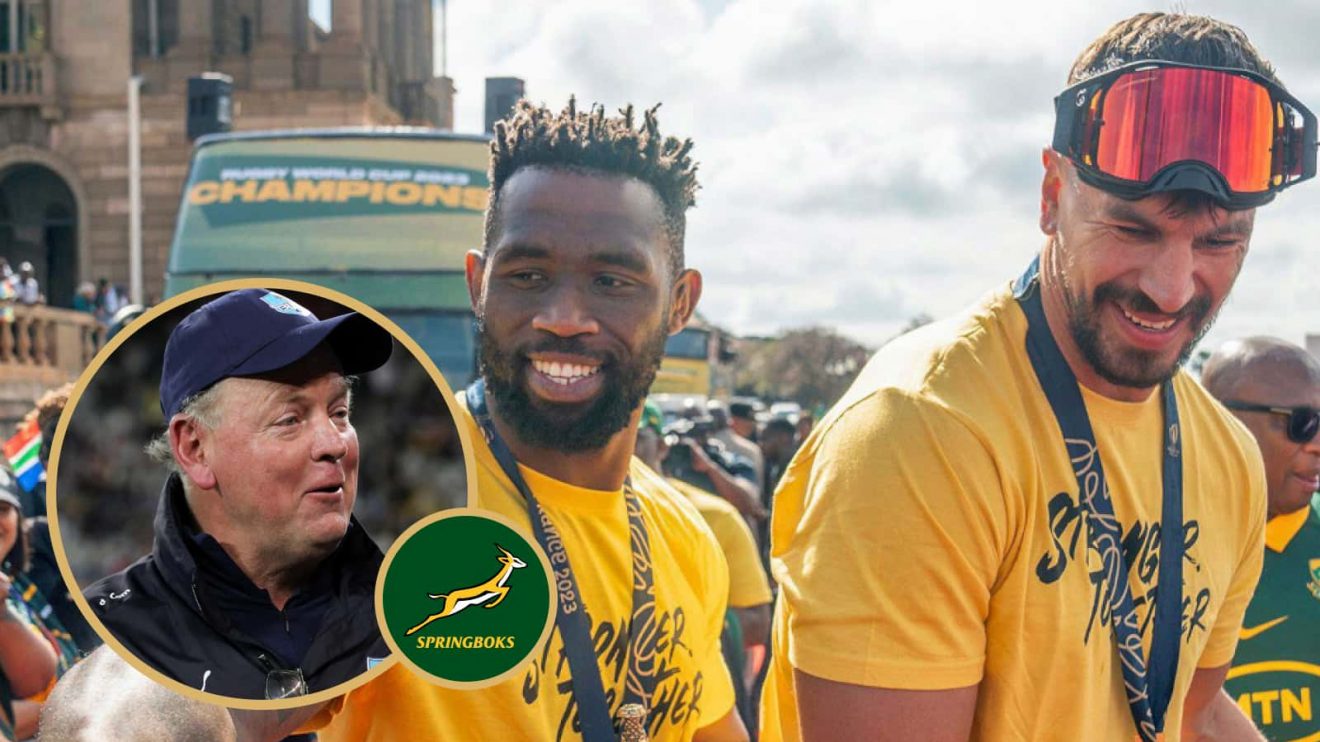 Springboks Siya Kolisi and Eben Etzebeth, who attended Dricus du Plessis fight, and ex-boss Jake White (inset).