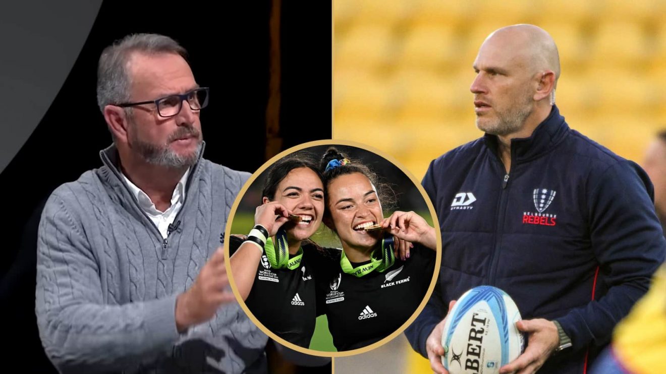 New SA Rugby coaches Swys de Bruin and Kevin Foote and an insert of New Zealand players Stacey Fluhler and Theresa Fitzpatrick