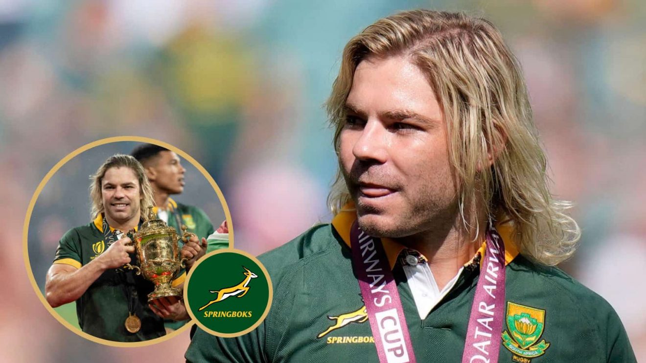 Springboks scrum-half Faf de Klerk and an image of him with the William Webb Ellis Cup.