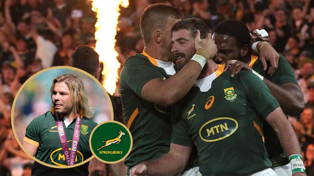 An insert of Faf de Klerk with Springboks players Willie Le Roux, Handre Pollard and Lukhanyo Am celebrating a try at Ellis Park.
