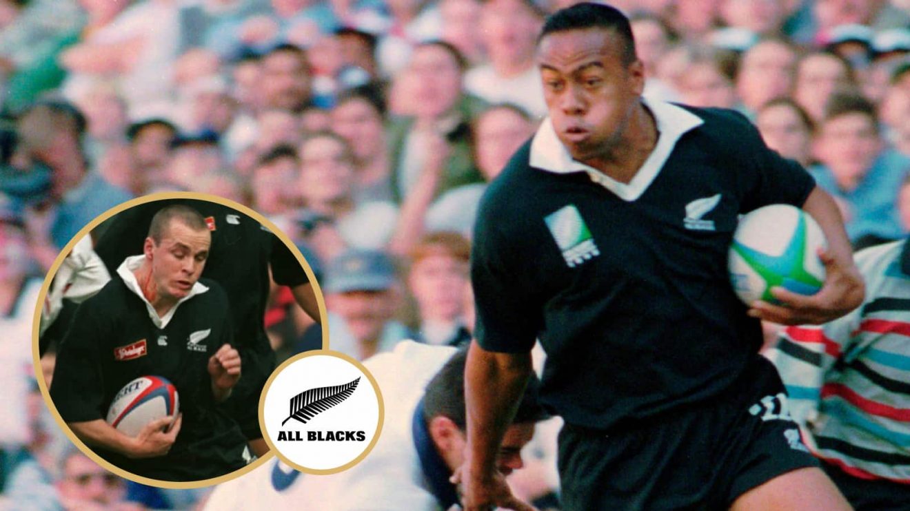 All Blacks legends Jonah Lomu and Christian Cullen (inset) in action in the 1990s.