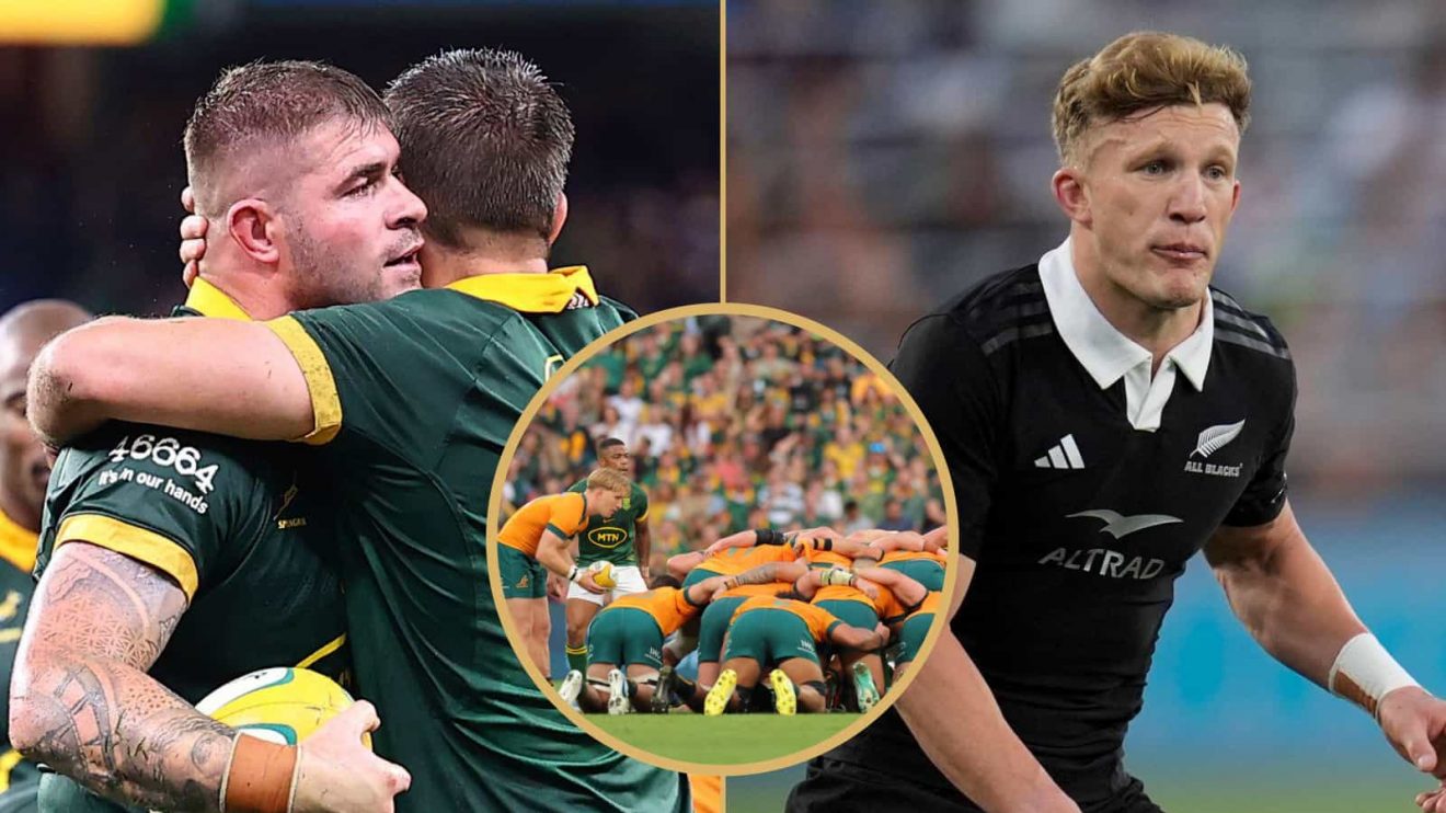 A split image featuring Springboks Handre Pollard, Malcolm Marx, a scrum, and All Blacks' fly-half Damian McKenzie.