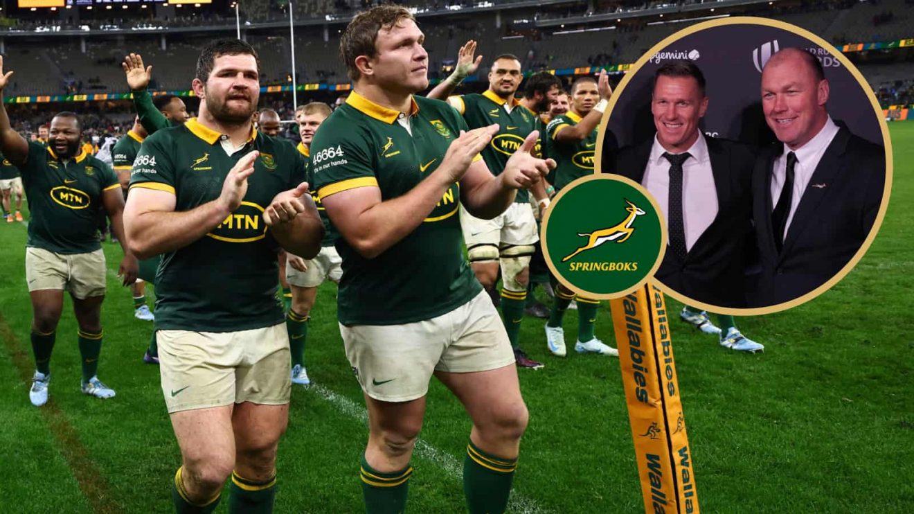 Springboks players after victory over Wallabies, and Jean de Villiers and Schalk Burger (both inset).