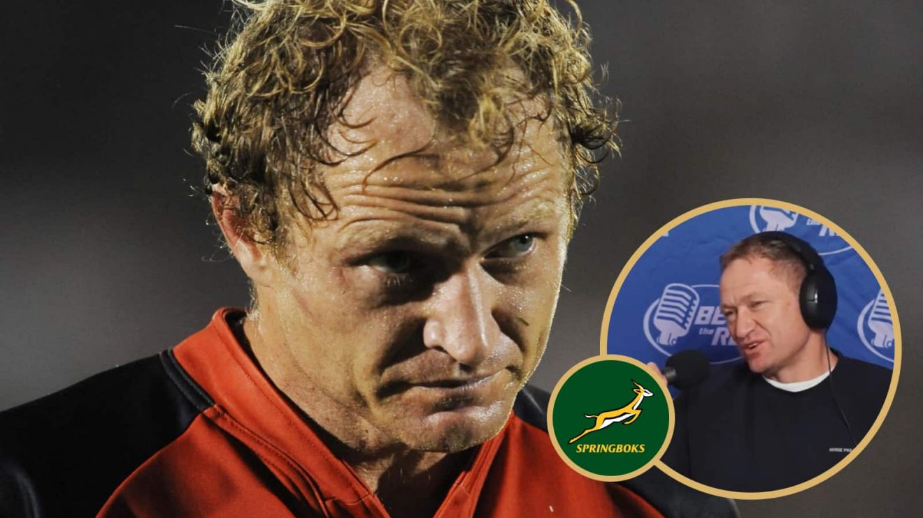 Tony Brown during his playing days with the Wild Knights and insert of the Springboks coach during his podcast appearance.