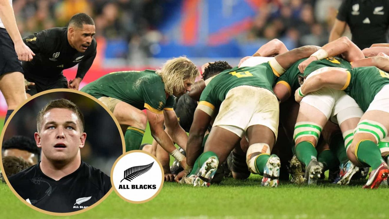 All Blacks prop Ethan de Groot and a scrum between the Springboks and All Blacks during the Rugby World Cup final.