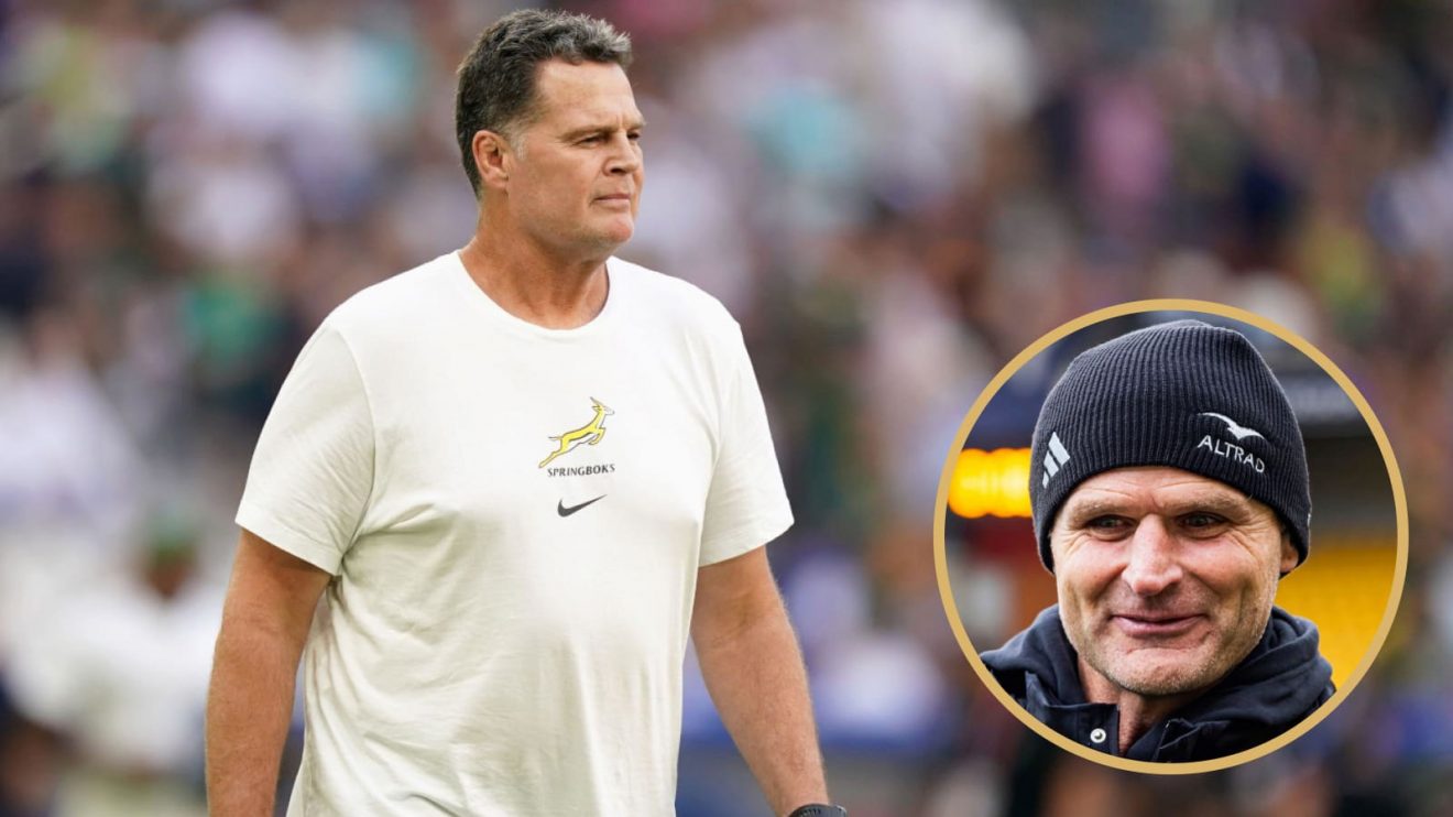 Springboks head coach Rassie Erasmus and All Blacks boss Scott Robertson (inset).