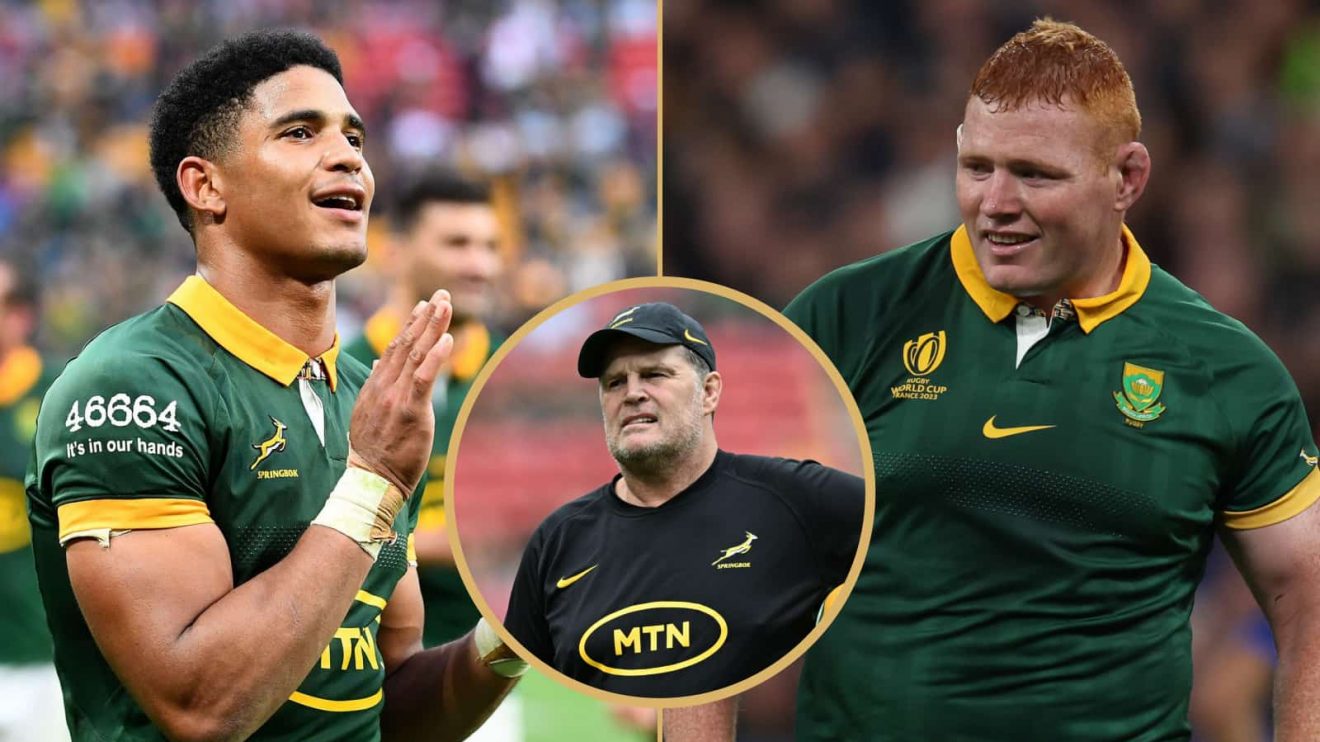Springboks fly-half Sacha Feinberg-Mngomezulu, head coach Rassie Erasmus and prop Steven Kitshoff.