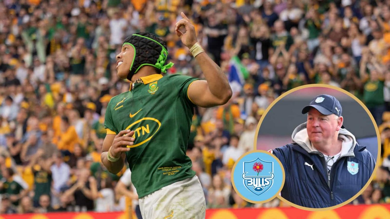 Springboks winger Kurt-Lee Arendse with an insert of Bulls head coach Jake White