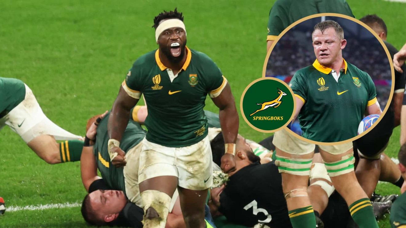 Springboks captain Siya Kolisi during the Rugby World Cup final and an insert of Deon Fourie.