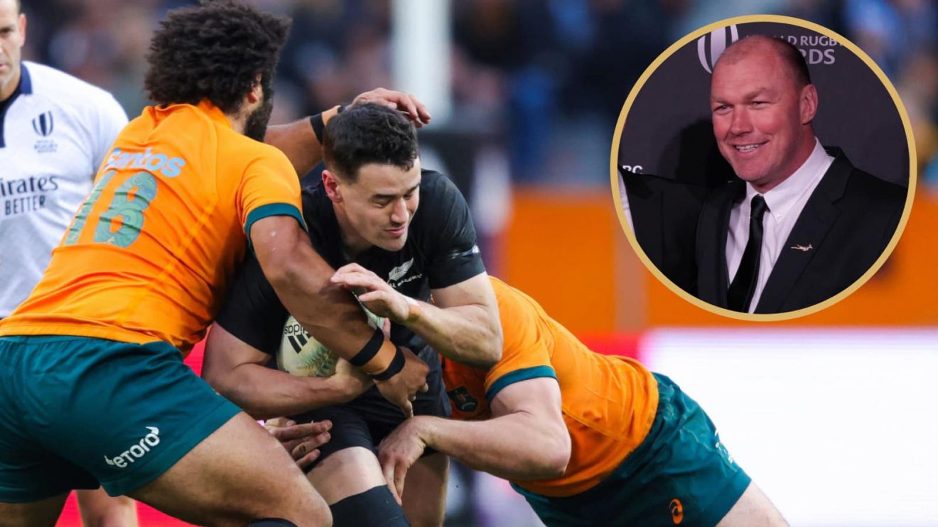 All Blacks taking on the Wallabies and Springboks legend Schalk Burger (inset).