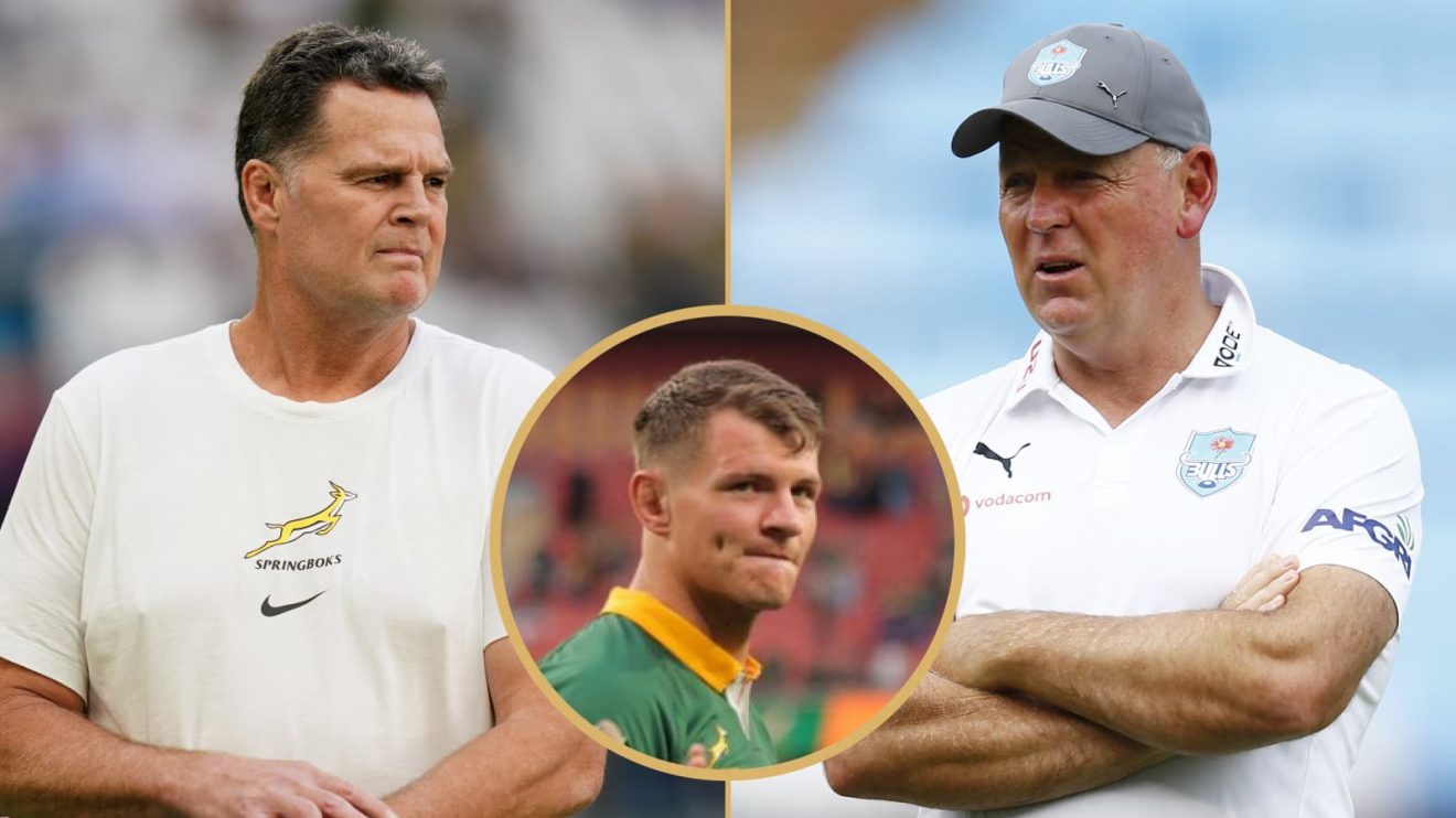 Springboks head coach Rassie Erasmus, forward Elrigh Louw and Bulls boss Jake White.
