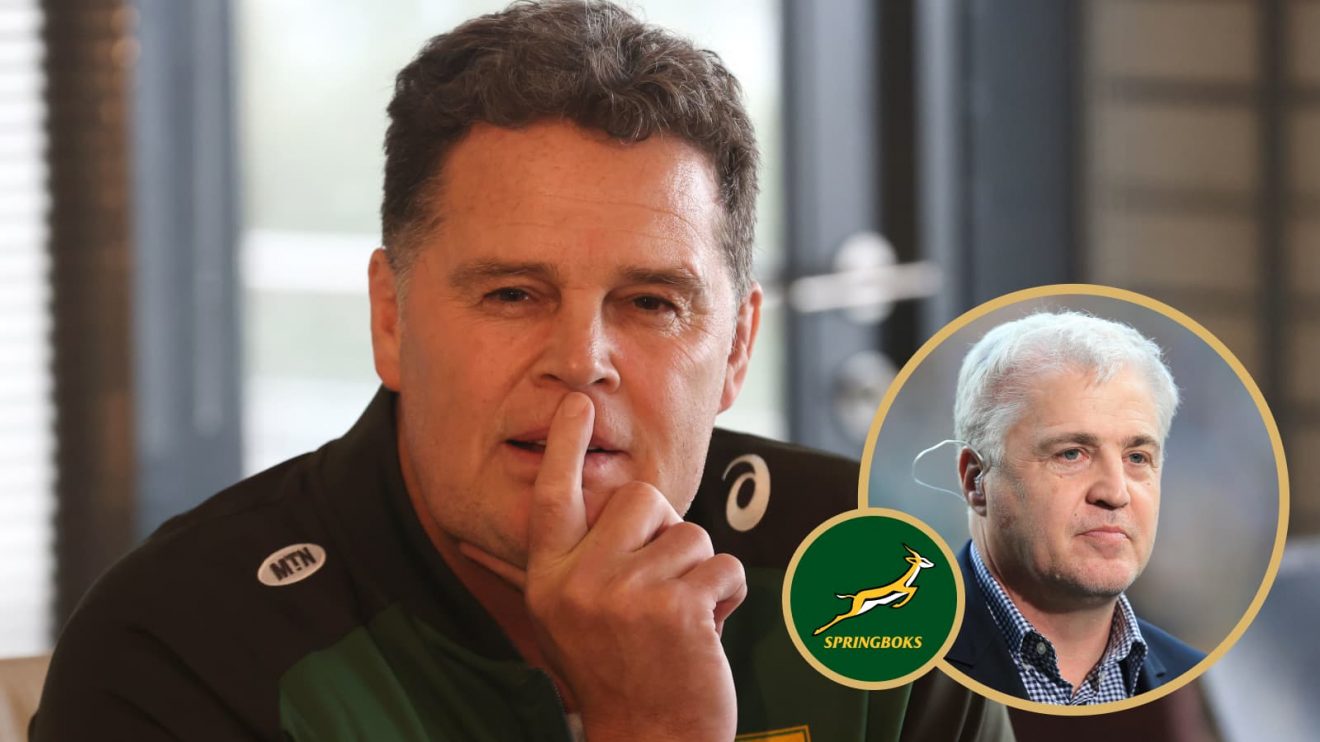 Springboks head coach Rassie Erasmus with an instert of Stuart Barnes.