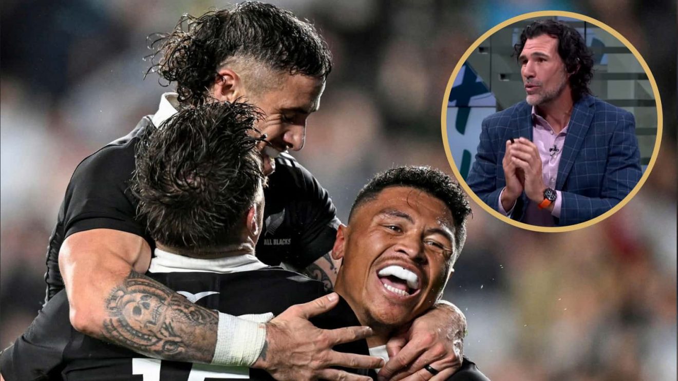 All Blacks celebrate against Argentina and Springboks legend Victor Matfield (inset).