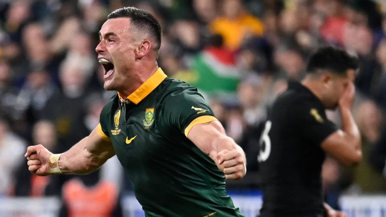 Springboks centre Jesse Kriel celebrating victory over All Blacks in 2023 Rugby World Cup final.