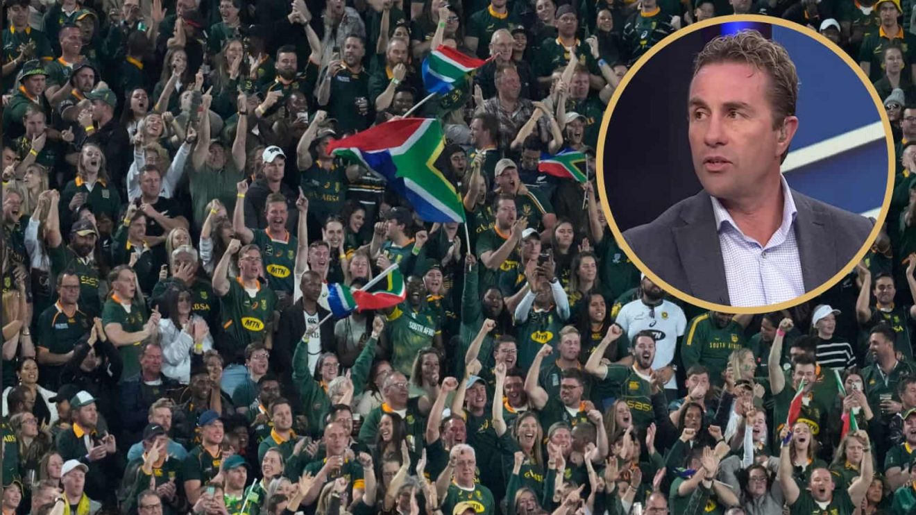 Springboks fans celebrate at Ellis Park and All Blacks great Justin Marshall (inset).