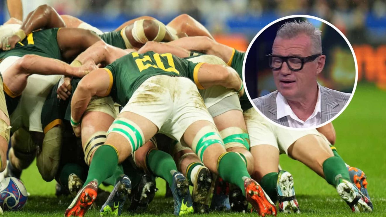 Springboks Bomb Squad scrummaging and All Blacks legend Sir John Kirwan (inset).