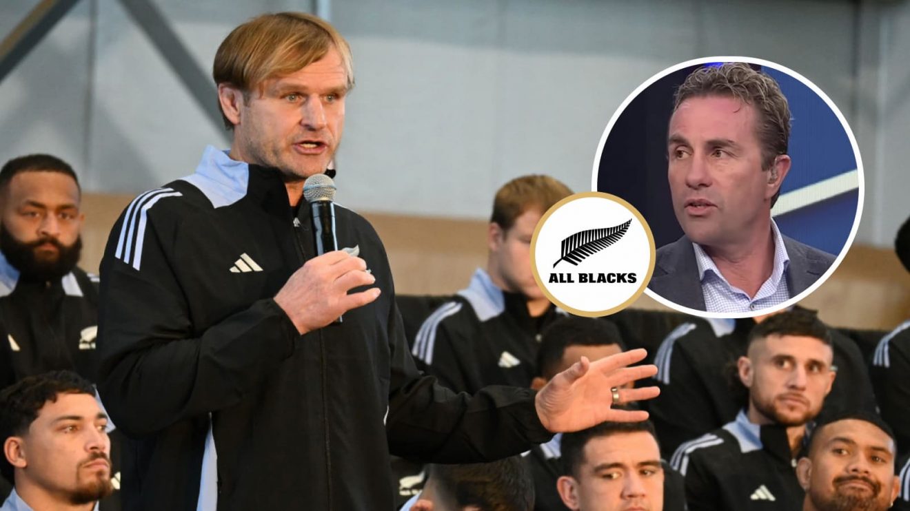 All Blacks head coach Scott Robertson and former scrum-half Justin Marshall (inset).