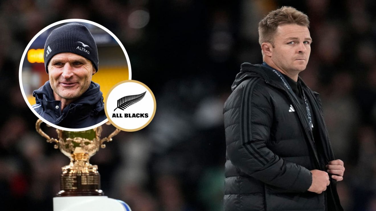 Sam Cane after Rugby World Cup final defeat, and All Blacks head coach Scott Robertson (inset).