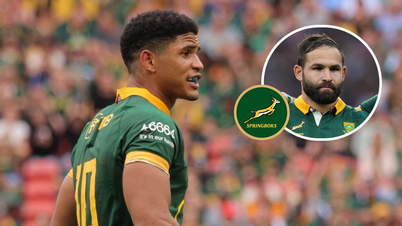 Springboks fly-half Sacha Feinberg-Mngomezulu and an insert of Cobus Reinach.
