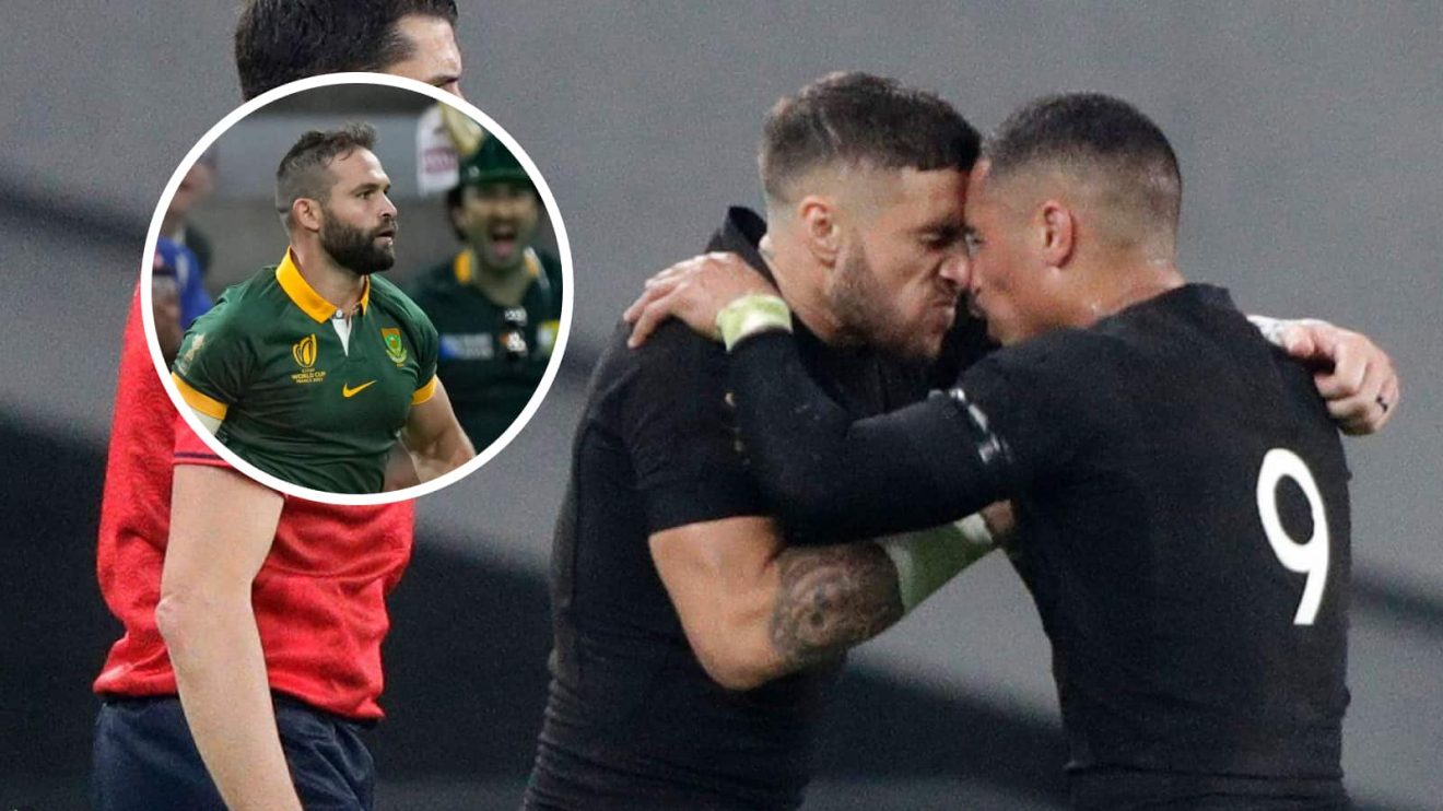 All Blacks' scrum-halves TJ Perenara and Aaron Smith with an insert of Springboks nine Cobus Reinach.
