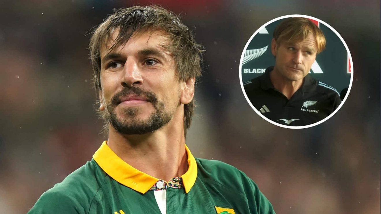 Springboks lock Eben Etzebeth and an insert of All Blacks boss Scott Robertson.