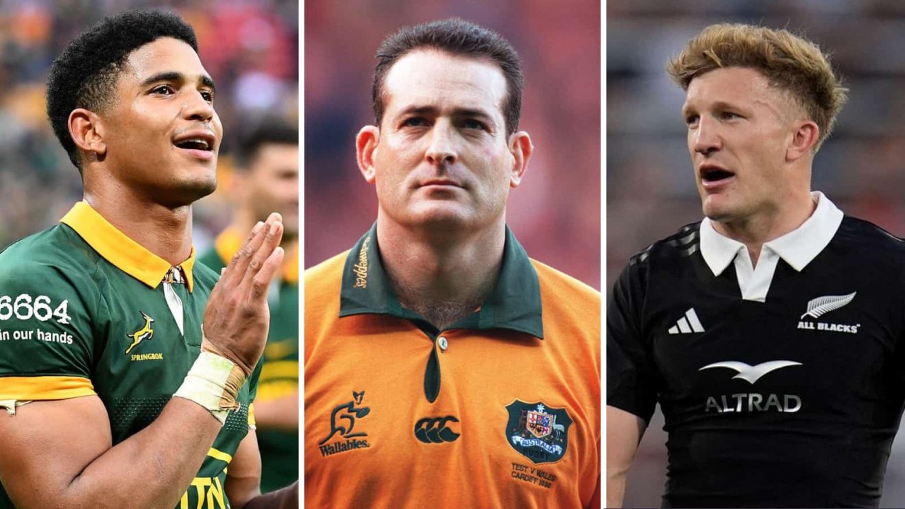 Split image of Springboks fly-half Sacha Feinberg-Mngomezulu, Australia legend David Campese and All Blacks pivot Damian McKenzie.