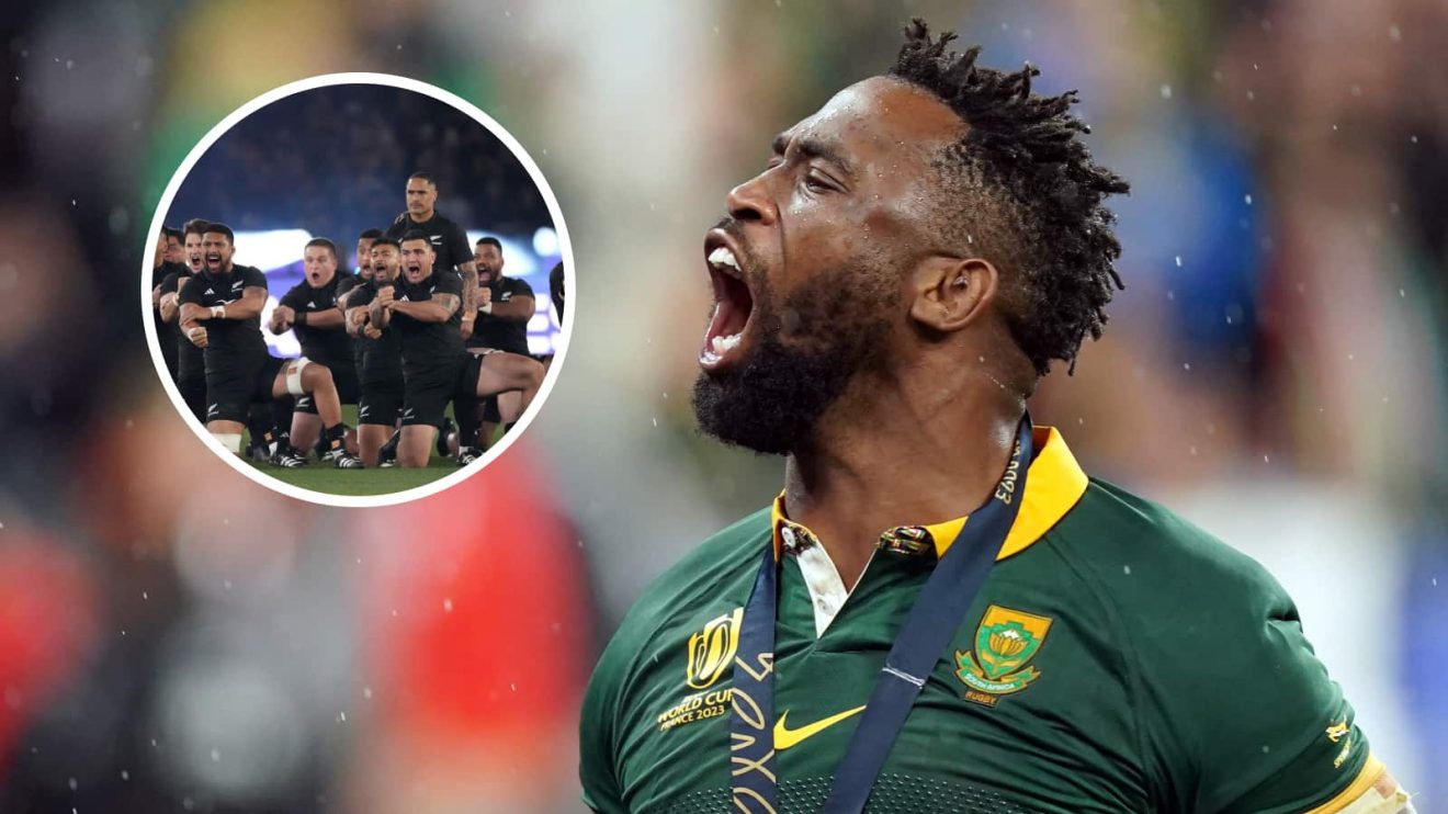 Springboks captain Siya Kolisi and an insert of the All Blacks haka.