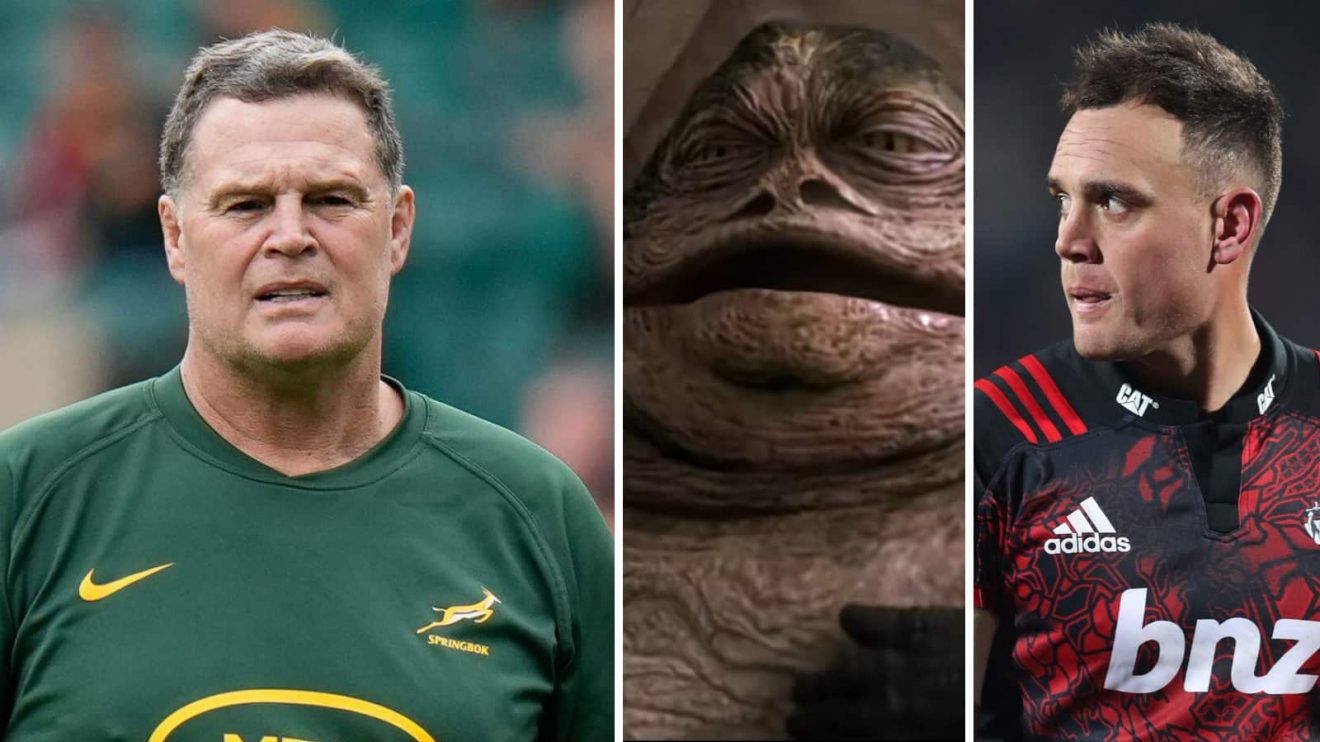 Split image of Rassie Erasmus, Jabba the Hutt and Israel Dagg.