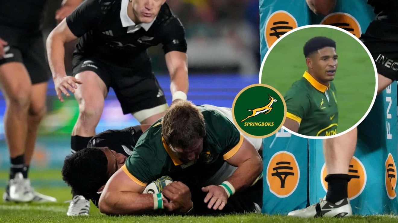 Springboks Kwagga Smith scoring a try and an insert of Sacha Feinberg-Mngomezulu.