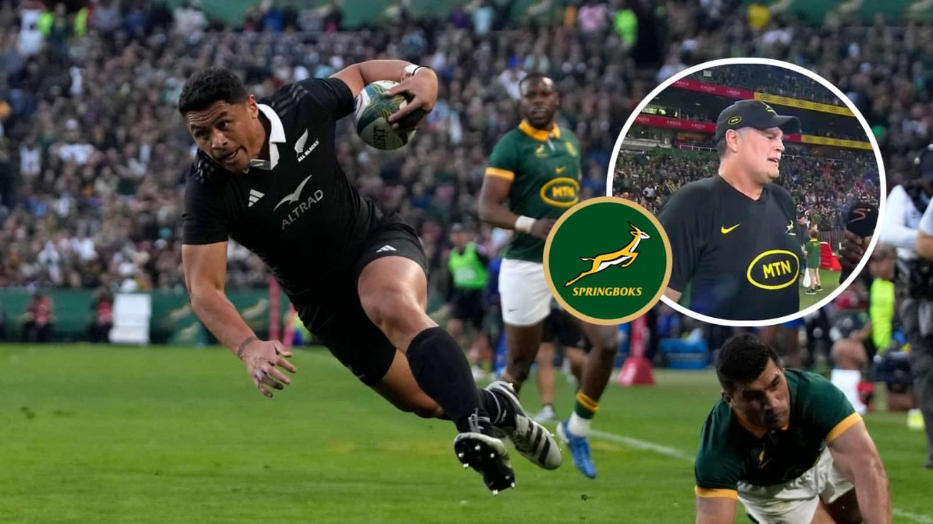 All Blacks winger Caleb Clarke and an insert of Springboks coach Rassie Erasmus